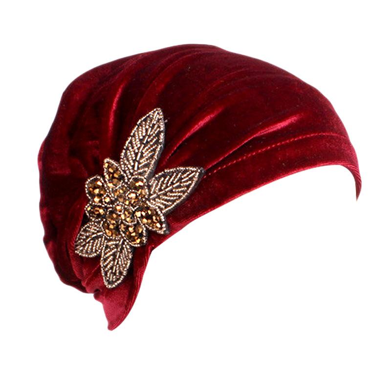 Velvet Pleated Turban Hat with Beaded Flower, Soft Hair Loss Bonnet for Women