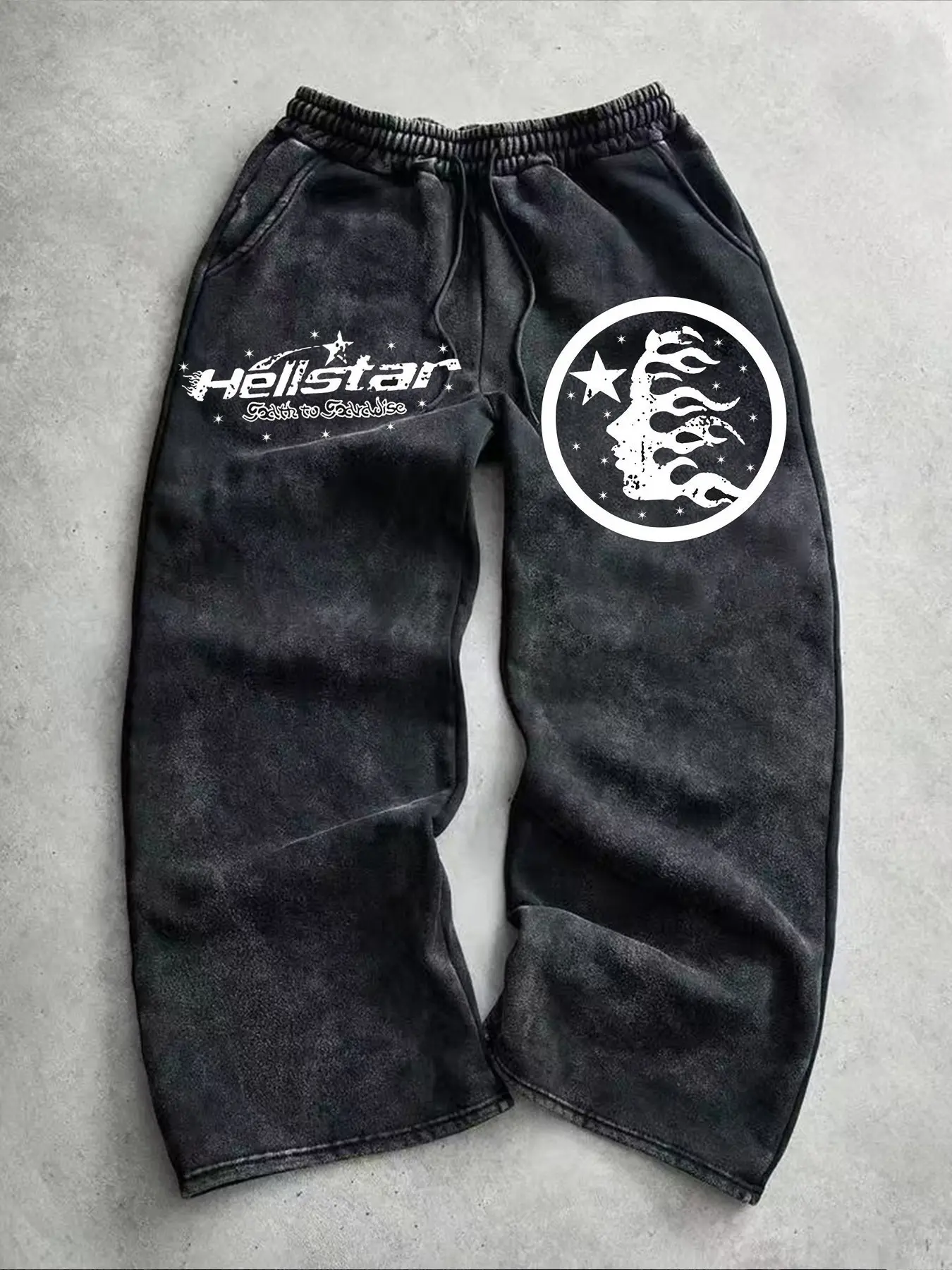 Men's Vintage Streetwear Sweatpants, Dark Wash Tie-Dye Letters & Flame Stars, Casual Fall Winter Fashion, Trendy Sports Long Pants