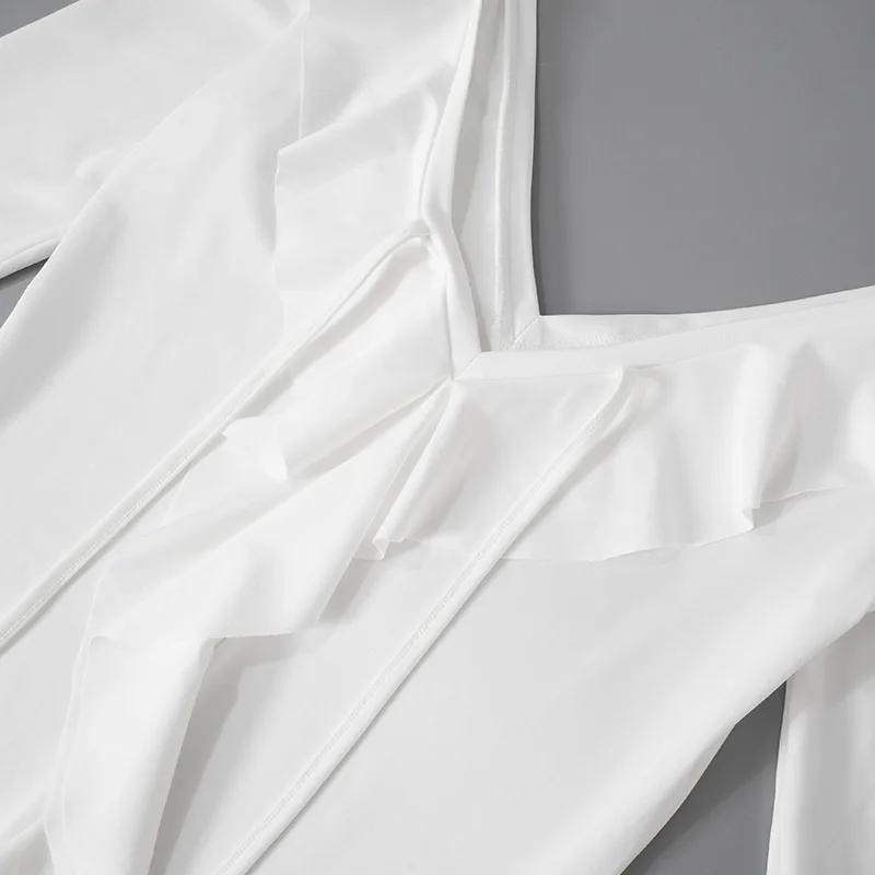 Ruffled Lace-Up White Mini Dress Women's V-Neck Patchwork Long Sleeve Sexy Slim Dress Bandage Elegant Female Summer Dress Casual Womenswear