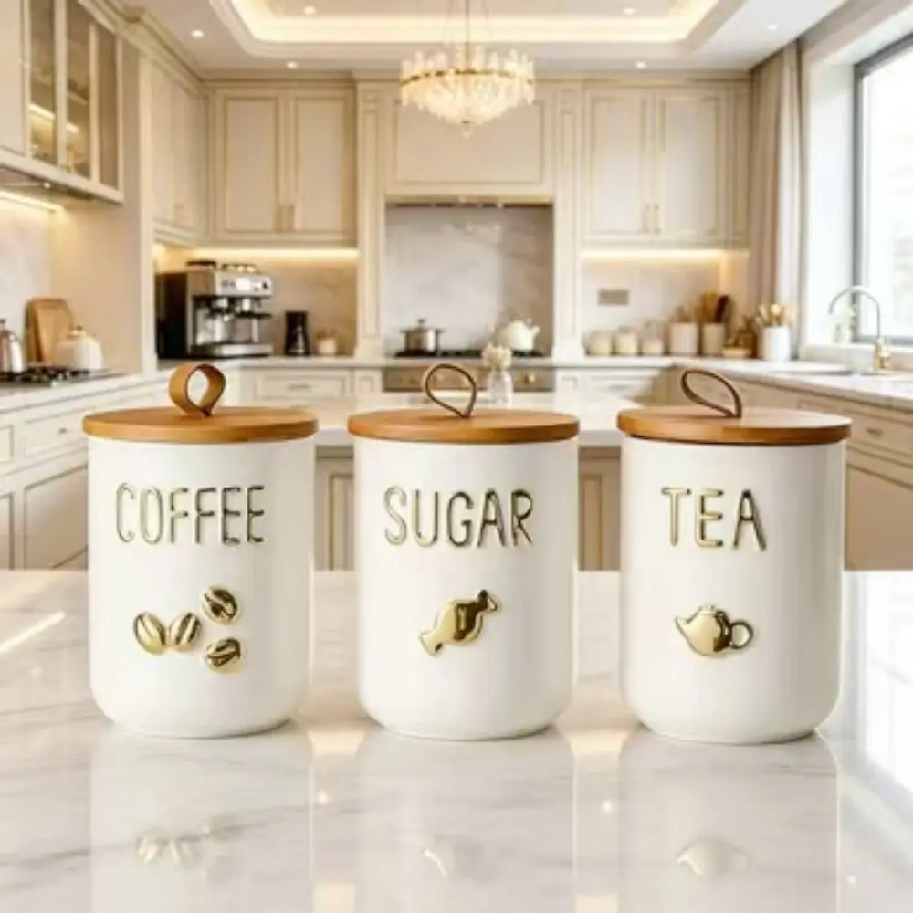 3-Piece Luxury Ceramic Sealed Jar Set, Elegant Kitchen Tea Coffee Container, Kitchen Canisters, Jewelry Storage, Halloween Christmas Party Decor