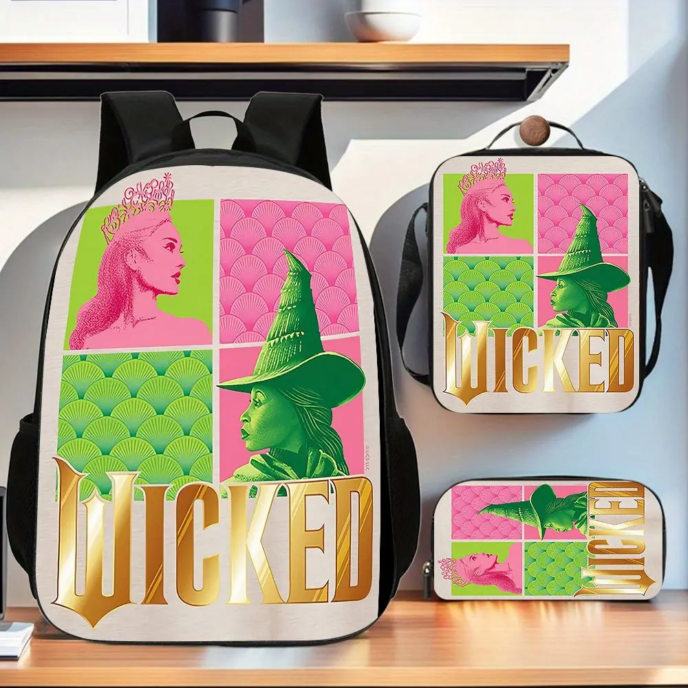 Magic Wicked Witch Green Witch Pink-Green Checkered Color-Block Three-Piece School Bag Set, including a backpack, insulated lunch bag, and stationery storage bag, for daily use by teenagers
