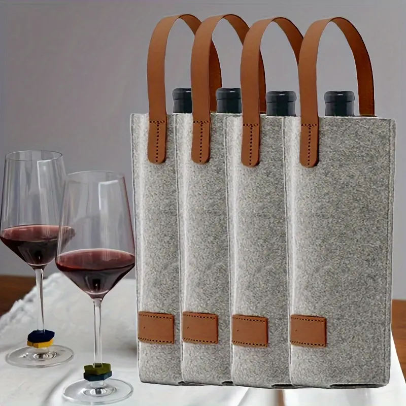 Set of 4 Felt Wine Tote Bags – Portable Wine Gift Bags, Simple Grey Champagne Carriers, Single-Bottle Holders; Suitable for Picnics, Camping, Parties, and Gifting; Ideal for Christmas and New Year Celebrations