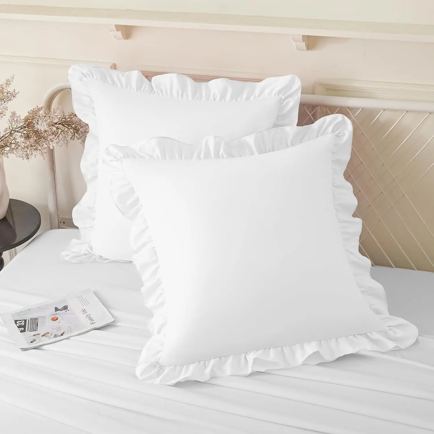 2 Pack Ruffle Pillow Cases 18x18 Inches, White | Square Ruffled Pillow Covers, Microfiber Wrinkle Resistant Pillow Shams with Envelope Closure for Sofa Bed Living Room