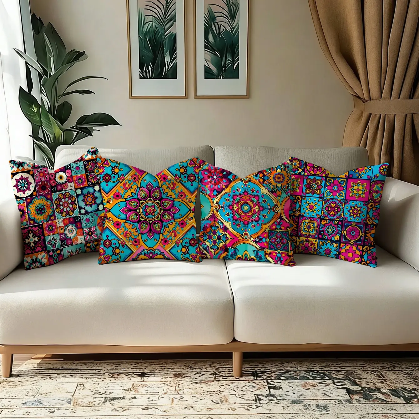 Boho Mandala Colorful Pattern Pillow Covers Set of Four, Ethnic Geometric Print Sofa Cushion Cases, Home Decor Pillow Covers (no Insert)