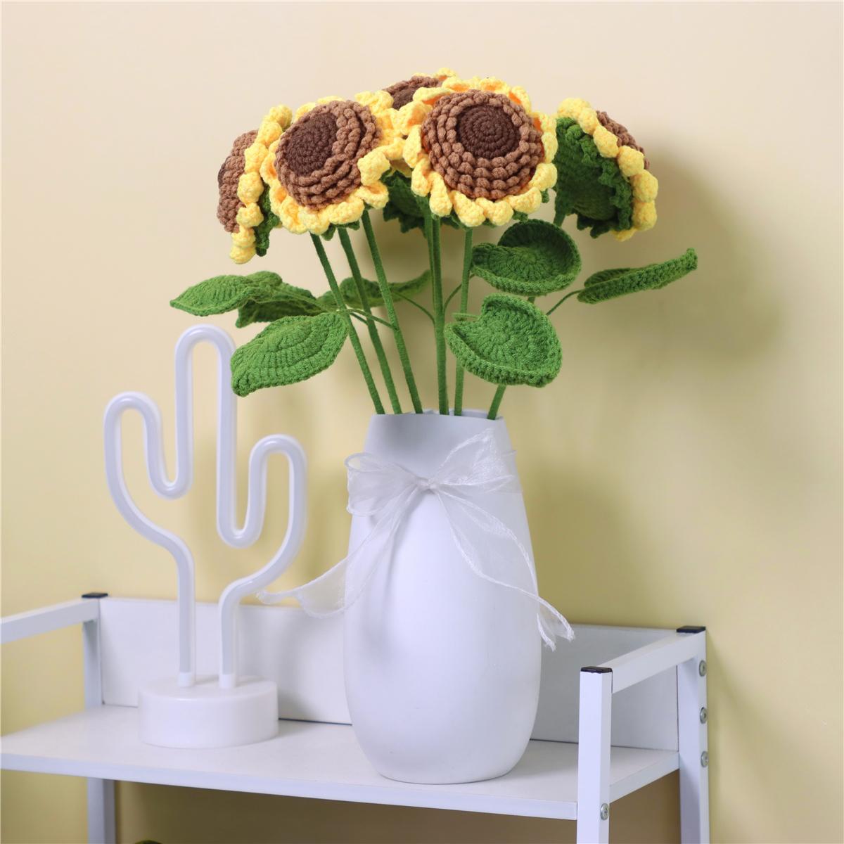 Sunflower Design Crochet Flower for Room Decor, 7 Counts/set Bedroom Decor Artificial Flower without Vase, Handmade Crochet Flower, Girlfriend Gifts, Boyfriend Gift, Valentine's Day Gift Ideas, Bouquet, Decorative Flowers, Woven Crochet Bouquet