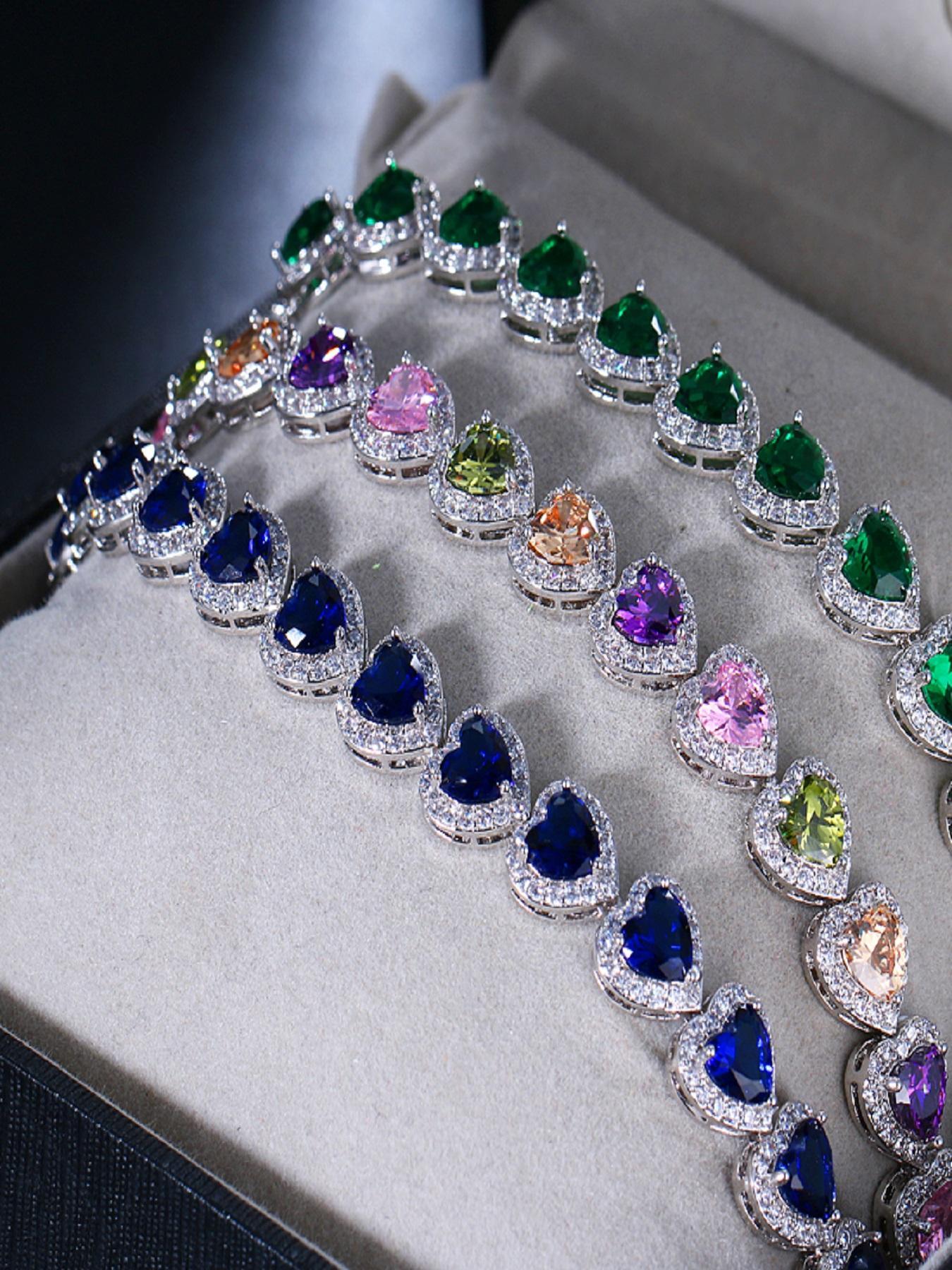 Women's Elegant Colorful Heart Shaped Zircon Decor Bracelet, Exquisite Trendy Bracelet, Fashionable Jewelry for Women & Girls As Gift, Heart Design Bracelet, Heart Charm Bracelet