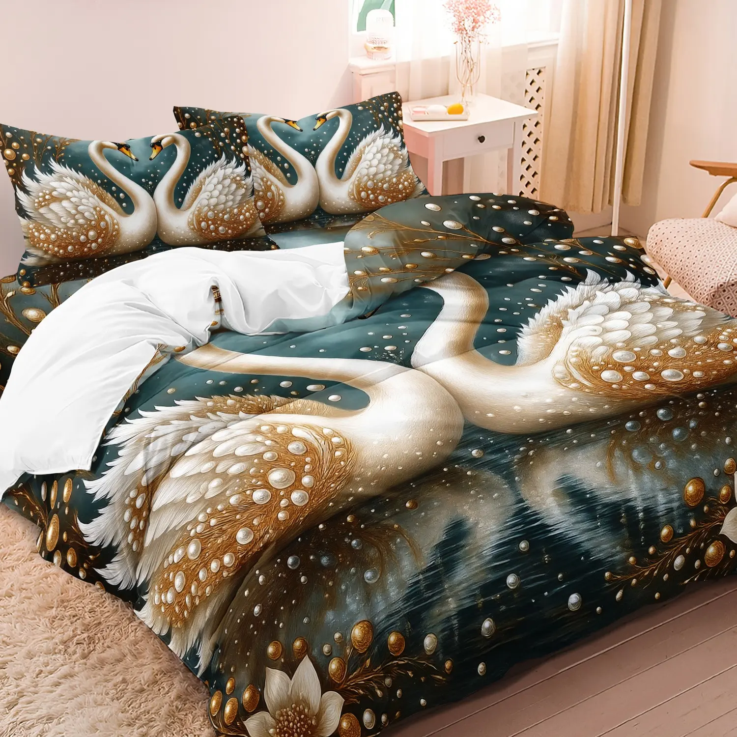 3 Pieces Dark Teal Lake Double White Golden Swan Print Decorative Duvet Cover Set, Comfy Theme Bedding Set, Pearl Floral Branch Reflection Animal Print Bedding, Soft Microfiber Bedding Decor (1 Duvet Cover + 2 Pillowcases, No Comforter No Pillow)
