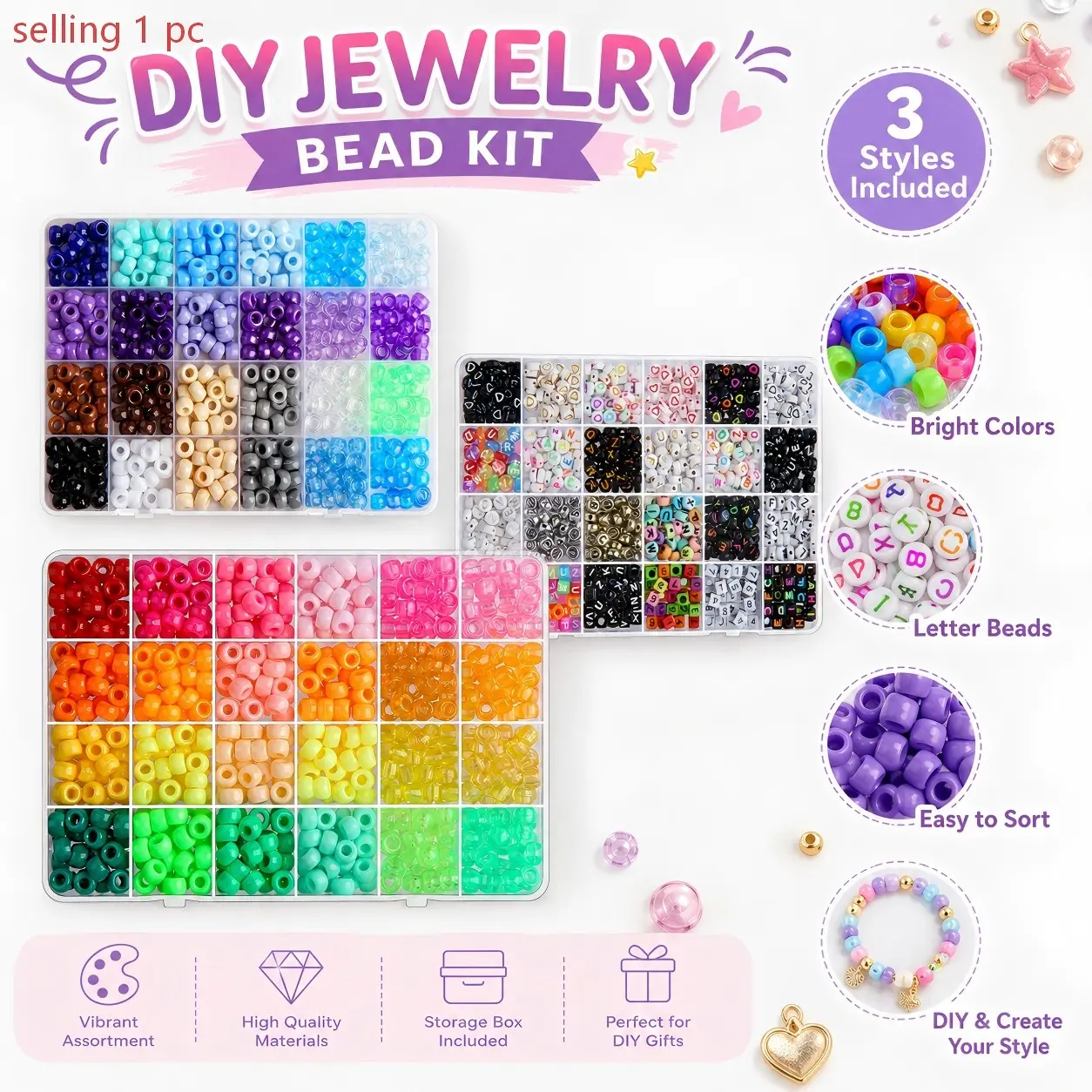 1 Set Colorful Bead Jewelry Making Kit, Large Pony Beads, Alphabet Beads & Elastic Cord, Aesthetic DIY Craft Supplies, Easy To Make Bracelets, Necklaces & Keychains, Ideal For Girls, Teens, Friends Party & Creative Gifts, Beaded Set