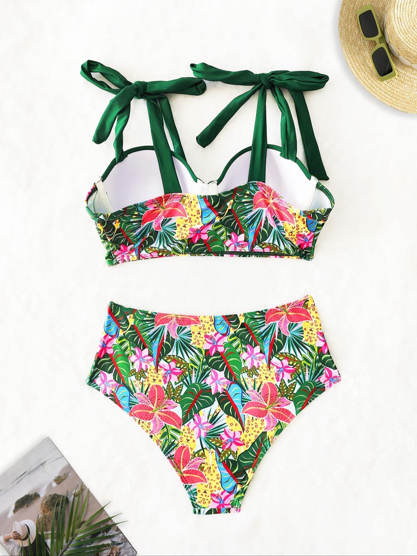 Three-piece Set Women's Plants Print Bikini Set, Boho Fashion Strapless Swim Top & Swim Bottom & Cover Up Skirt Set, Ladies Swimsuit for Beach Holiday Vacation, Floral Swimsuits