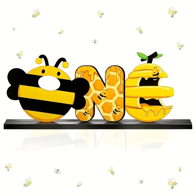 1pc, a Wooden Desktop Center Decoration with The Letter "One" Logo, The First Bee Day Photo of Summer, a Desktop Center Decoration, a Sweet First-Theme Birthday Party Item, Wood Sign