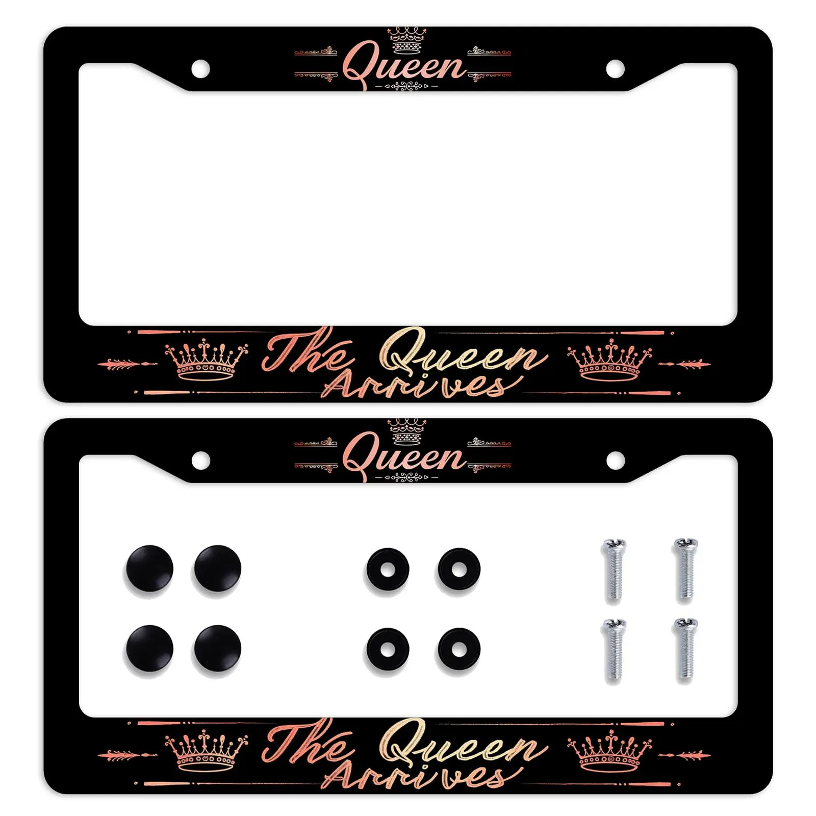 Cool Queen Arrives License Plate Frame 2 Pack, Rose Gold Crown Car Tag Holder, Black Aluminum Novelty Royal Luxury Auto Plate Covers for Front Rear Plates with Screws Caps