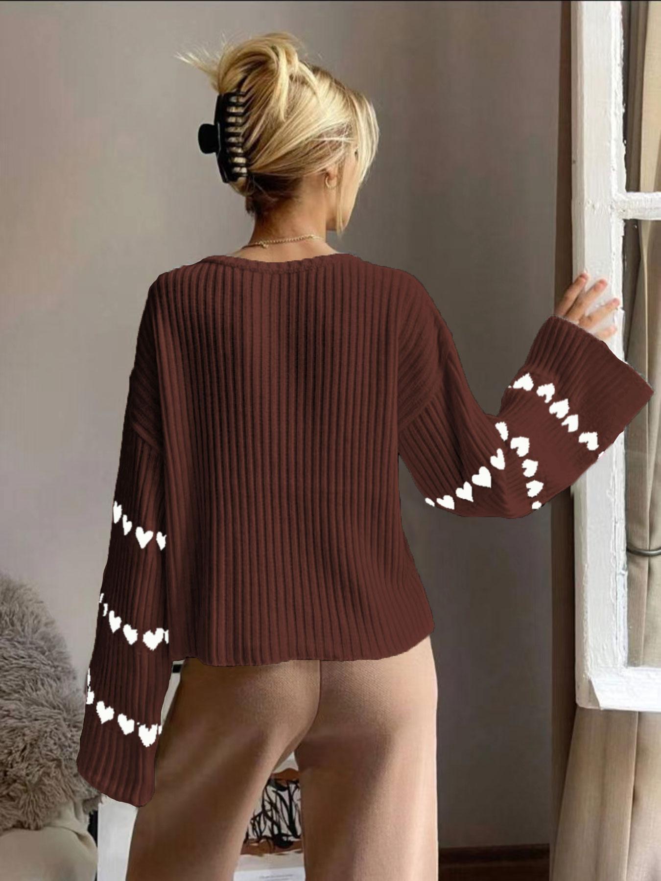 Women's Colorblock Heart Print Drop Shoulder Sweater, Casual Long Sleeve Round Neck Jumper for Fall & Winter, Fashion Ladies' Knitwear Knitting for Daily Wear