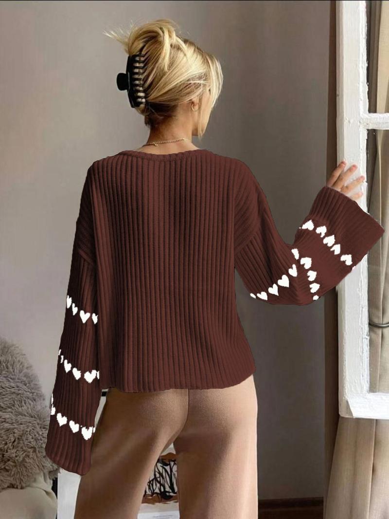 Women's Colorblock Heart Print Drop Shoulder Sweater, Casual Long Sleeve Round Neck Jumper for Fall & Winter, Fashion Ladies' Knitwear for Daily Wear