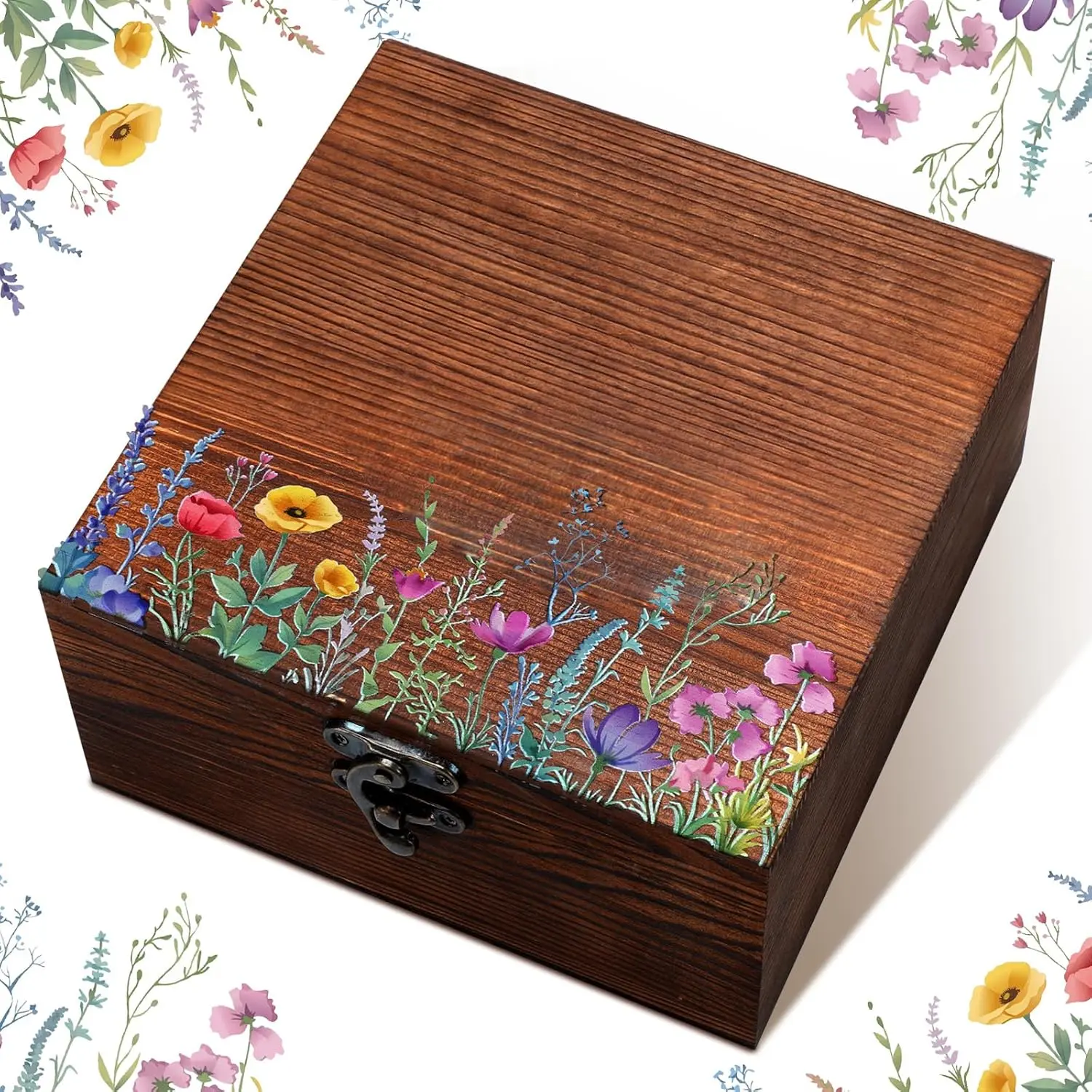 Wedding Wooden  Box Wildflower Memory Box Wedding  Shower Decorative Storage Boxes with Buckle for Bridal Shower Birthday(Pastel Wildflower,Brown,7.68 x 7.68 x 3.94 Inches)