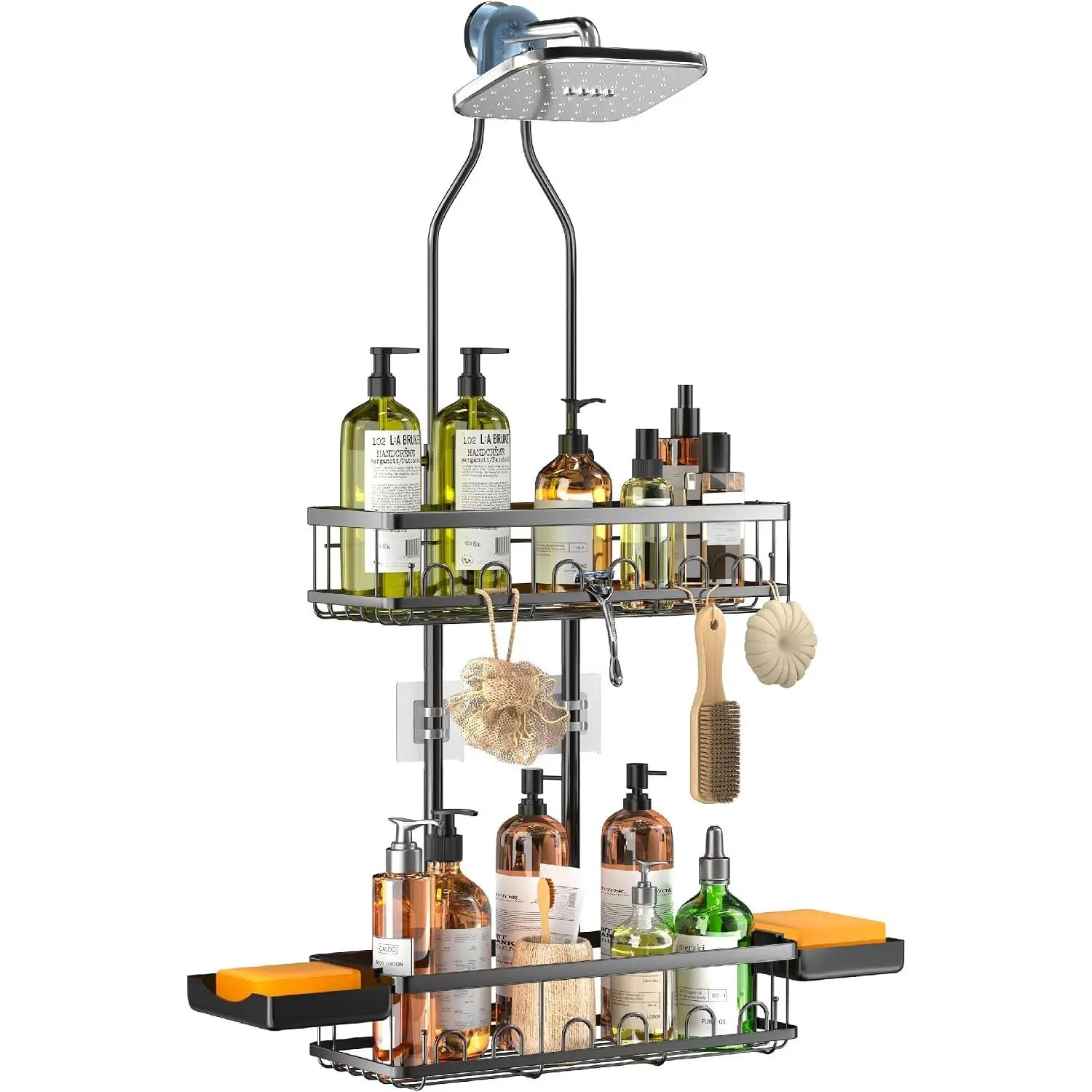 Shower Caddy Hanging Over Shower Head, Adjustable Black Bathroom Organizer for Inside Shower, Rust-Resistant Stainless Steel Caddy with 2 Baskets, Hooks & Soap Dish for Tall Bottles