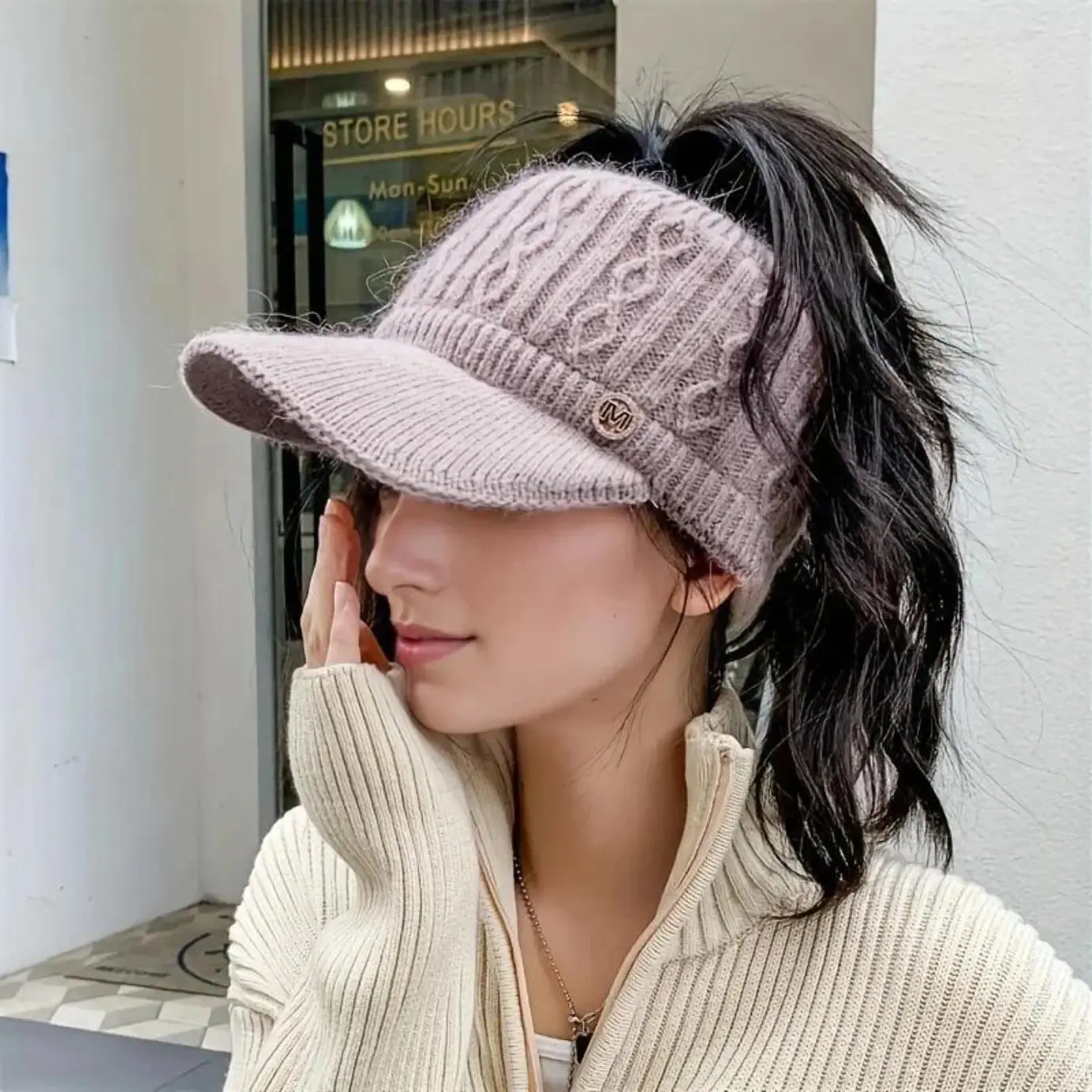 2026 Autumn Winter Unisex Warm Knitted Ponytail Visor Hat - Thick Warm Earcup, Adjustable Shoulder Straps, Sun-Proof, Knitted Texture Depth, Warmth Boost, Casual Trendy, Structured, Daily Wear