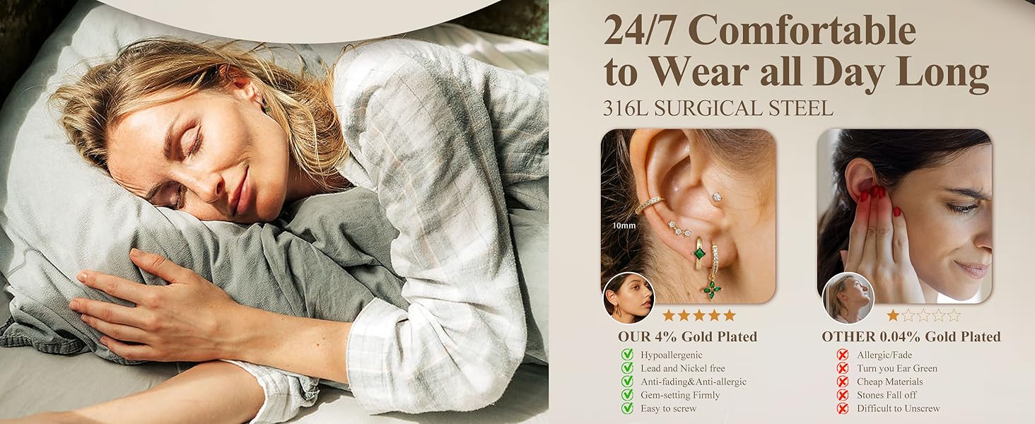 LOYALLOOK 11Pairs Gold Hoop Earrings for Women-Hypoallergenic Surgical Steel Earrings 14K Gold Plated Cartilage Earring Sets for Multiple Piercing Trendy Earring Stacks Flat Back Stud Hoops