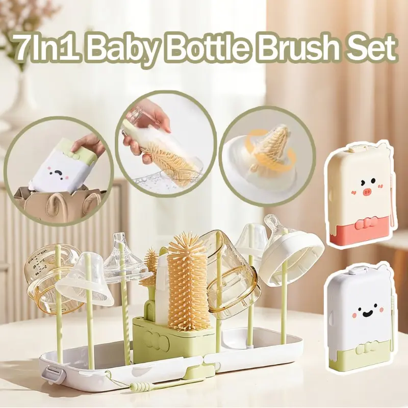 7In1 Bottle Brush Set | Portable Travel Silicone Bottle Brush Set Foldable Milk Bottle Brush Household Items