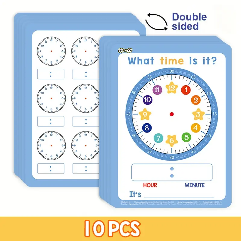 10 Pcs Reusable Clock Learning Boards, Dual-Sided Time Practice for Kids Ages 3-8, Home & Classroom Educational Tool, Fun Colorful Design