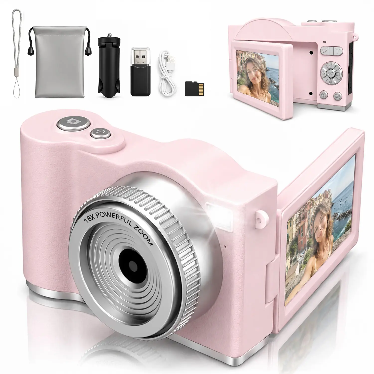 P10 Digital Camera, Supports Video Recording and Focus, 180 Degree Flip Display, Includes SD Card, Tripod, Gift Bag, Ideal for Beginners