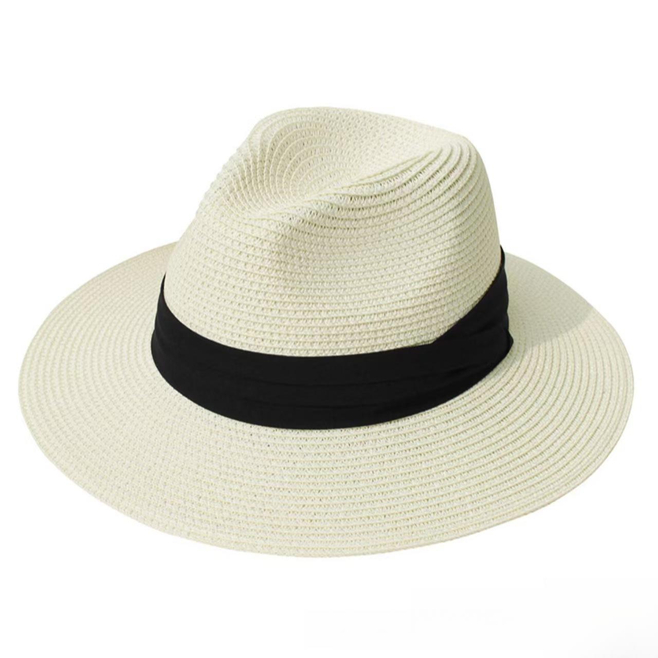 European American Style Straw Panama Hat Flat Brim Jazz Design Unisex Sun Protection Headwear For Summer Travel And Outdoor Activities