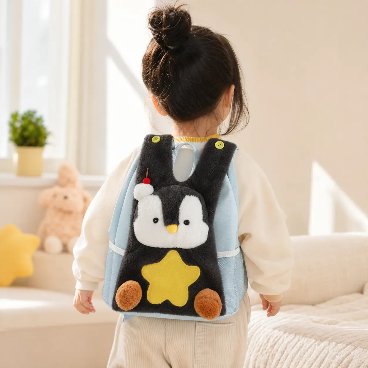 Plush Penguin Kids Convertible Bag, Cute Cartoon Lightweight Multi-Functional Backpack - Shoulder Crossbody School Bag for Boys Girls