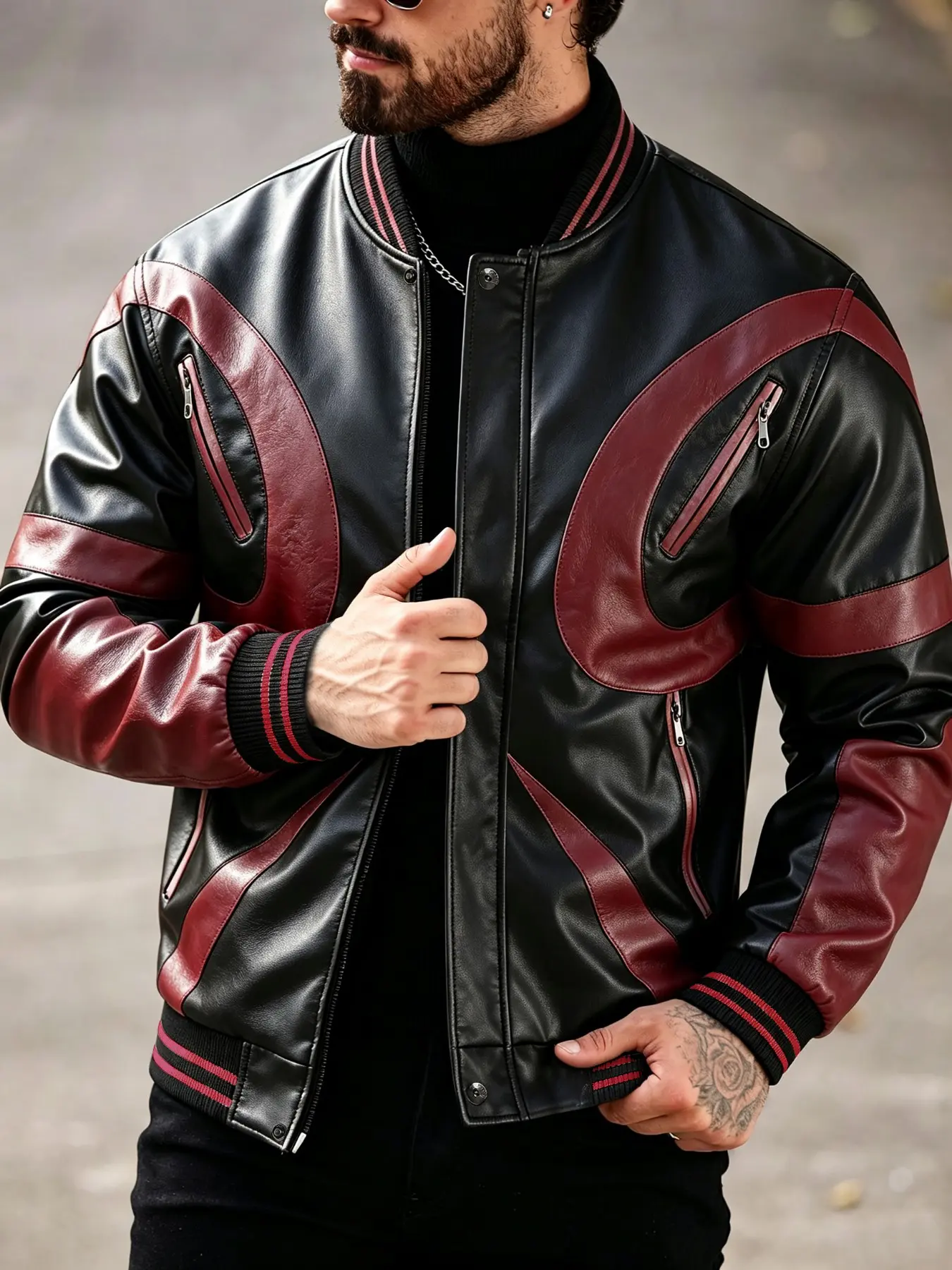 Men's Fall Winter Fashion PU Leather Motorcycle Jacket, Vintage Classic Colorblock Patchwork Leather Coat, Zipper Outerwear, Pu Leather Jackets
