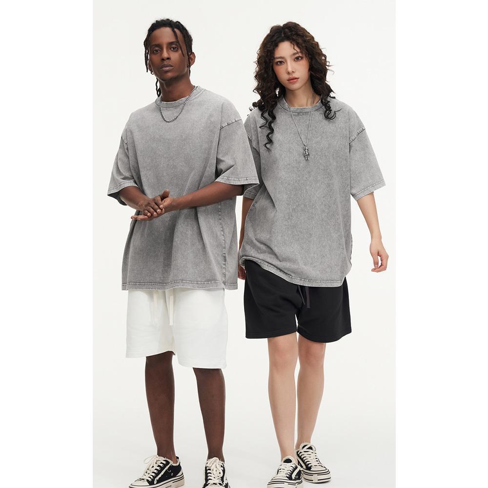Solid  Color  2-Pack  230G  100%  Cotton Retro T-shirt Drop-shoulder Sleeve Men Women Vintage Short-sleeve T Shirts r Hip Hop Loose Tees