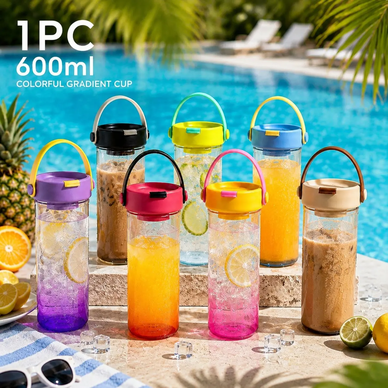 1PC 600ml Gradient Cup with Handle, Aesthetic Clear Tumbler with Straw, Cute Summer Drink Cup for Iced Coffee, Juice, Lemonade & Cold Beverages, Portable Reusable Water Bottle, Trendy Travel Cup for Women, Teens, School, Office, Pool & Outdoor