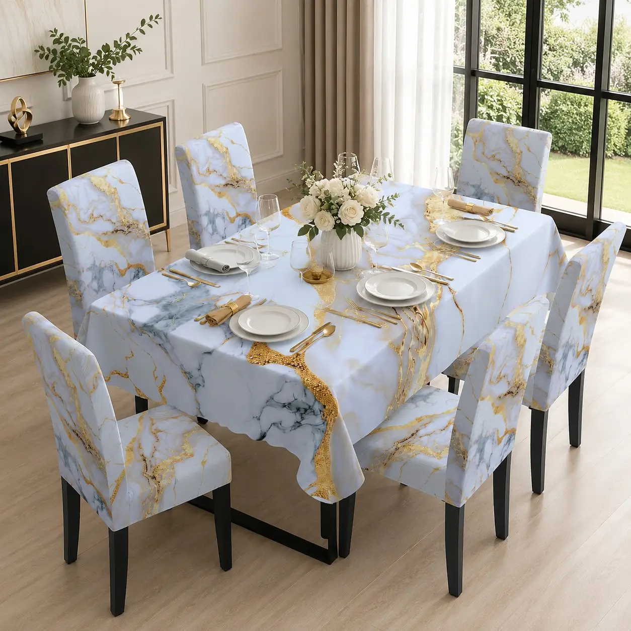 5/7 Counts Luxury 2D Flat White-and-Gold Marble Texture Tablecloth and Chair Cover Set, Stretch Washable Removable Parson Chair Slipcovers, Modern Elegant Decorative Chair Cover Protector for Home, Dining & Wedding Banquet