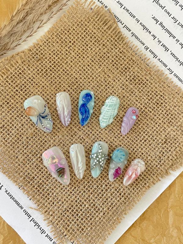 Hand-painted Happy Underwater World Almond Nail Art Set for Women with Rose Tulip Shell Bow Starry Sky Butterfly Leopard Print XINGX Almond Shape Manicure Kit
