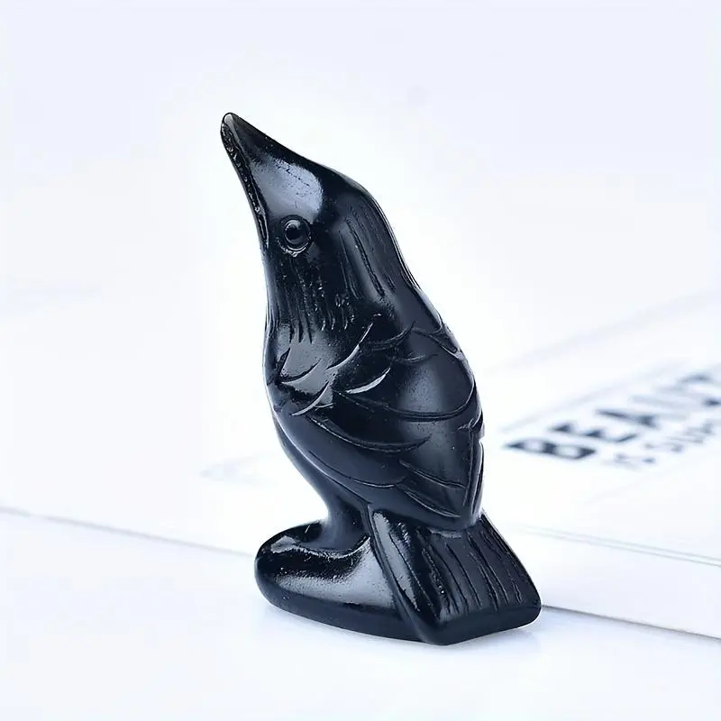 Natural Obsidian Crow Statue Hand Carved Crystal Raven Healing Stone Table Ornament