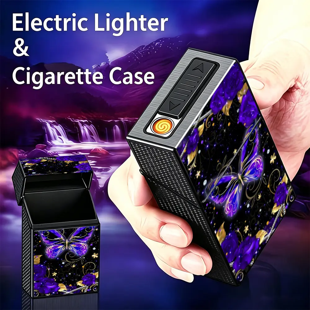 USB Rechargeable 20-Slot Storage Case with Built-In Electronic Ignition, Purple Butterfly and Hot-Stamped Rose Design, Gorgeous Dreamy Luxurious Style, Windproof and Durable