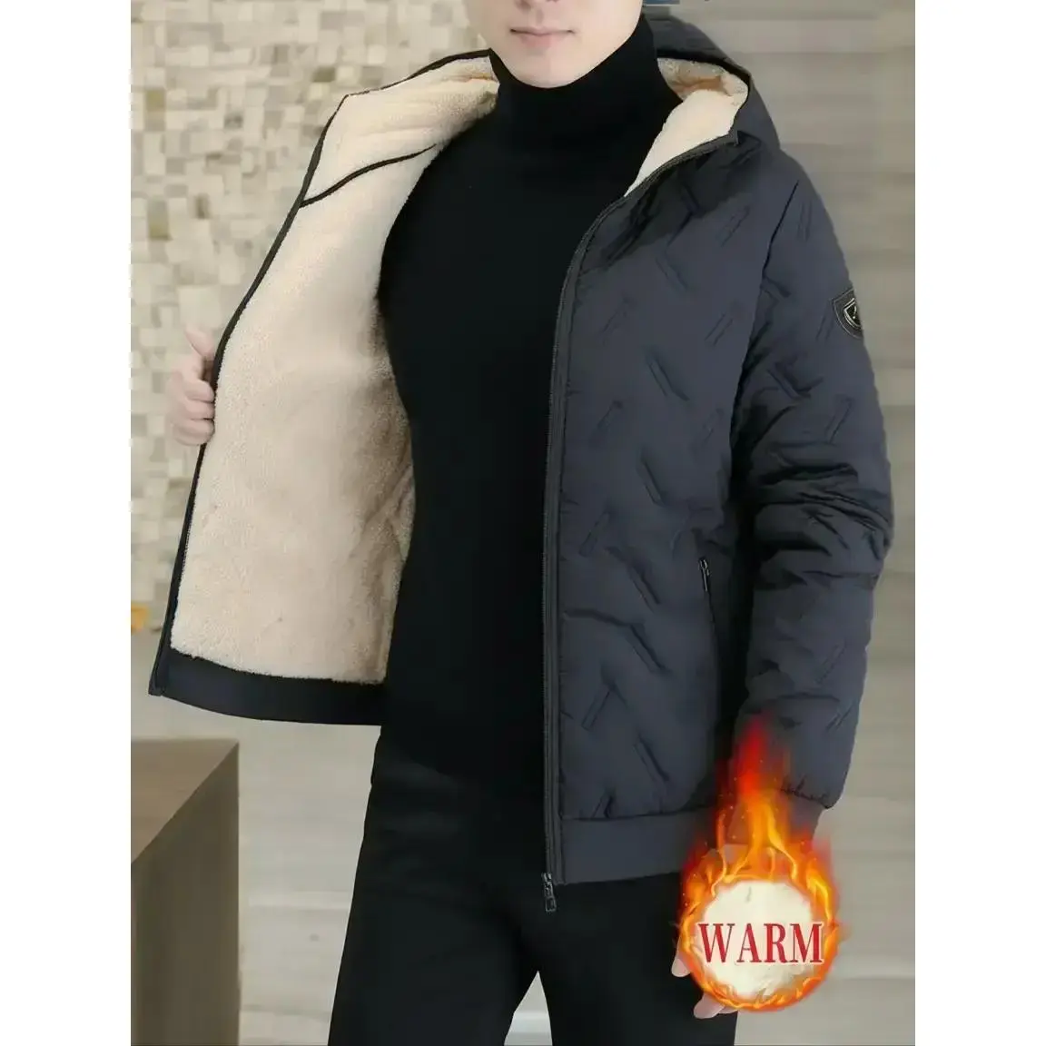 Men's Thickened Windproof Arctic Jacket, Full Zip Hooded Coat for Skiing, Commuting, Daily Wear, Warm Insulated Outerwear