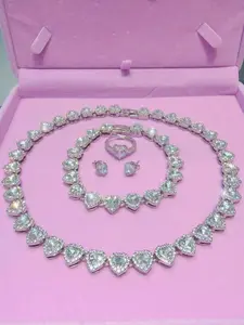 Iced Out Heart Tennis Necklace Set 5pcs, Silver Color Cz Crystal Jewelry, Bling Matching Set for Her, Gift Box Included, Perfect for Parties