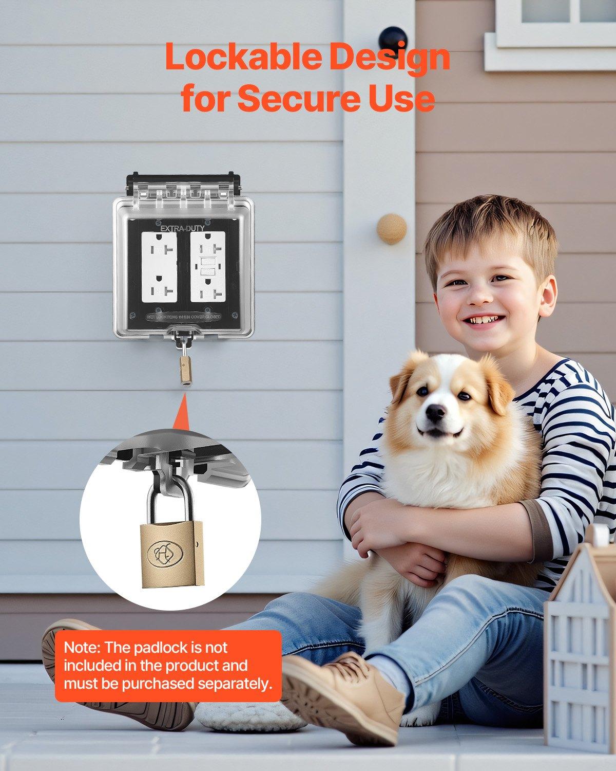 VEVOR Outdoor Outlet Cover, 2-Gang Weatherproof Electrical Outlet Cover with Lockable Design, High-Strength PC Material, 12-in-1 Outside Receptacle Socket, Horizontal/Vertical for Easy Installation