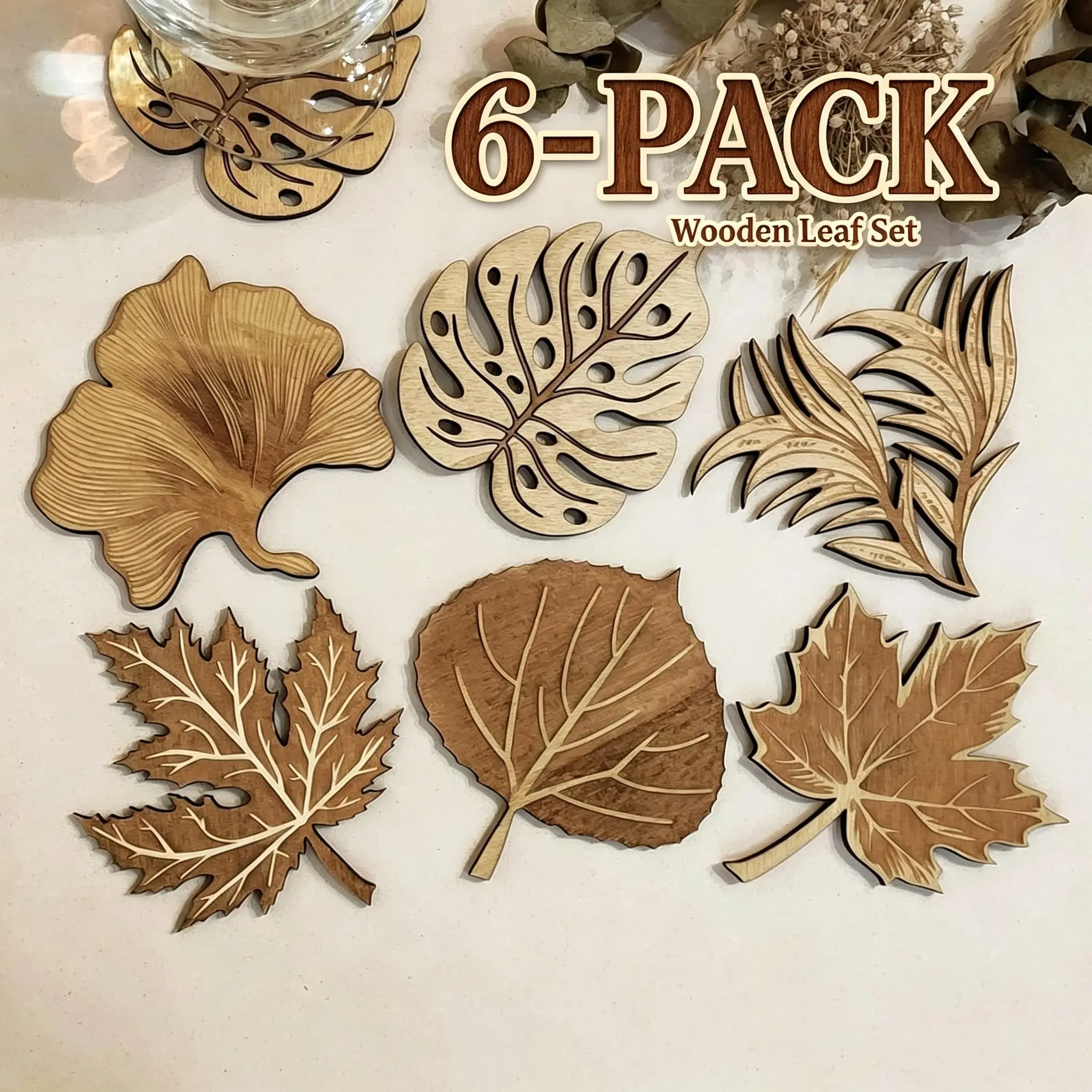 6PCS Wooden Leaf Drink Coasters, Natural Wood Decorative Cup Mats, Farmhouse Boho Plant Leaf Coasters for Coffee Table, Heat Resistant Coaster Set for Home Bar Dining,  Ideal Housewarming Birthday Fall Gift for Women
