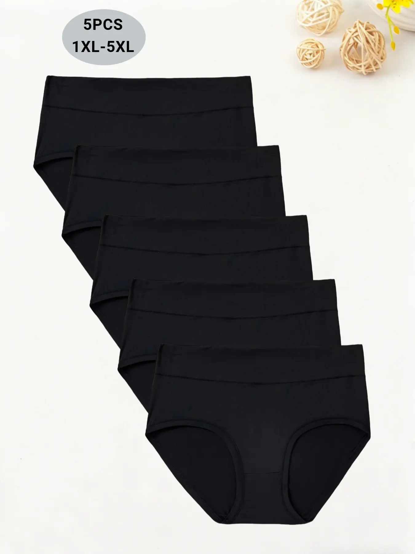 5-Pack Women's Plus Size High-Waisted Solid Color Stretch Stretchy Breathable Triangle Panties, Soft Comfort, Simple Fit, Casual Daily Wear