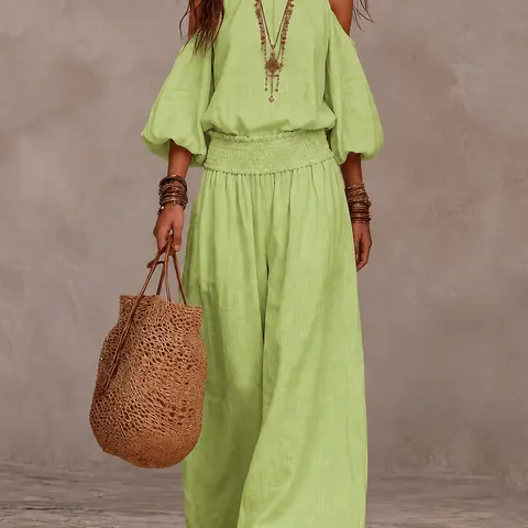 Women's 2-Piece Fashion Set, Boho Set, Solid Color Round Neck Loose Long Sleeve Top, Drawstring Pants, Casual Daily Wear, Comfortable Fit