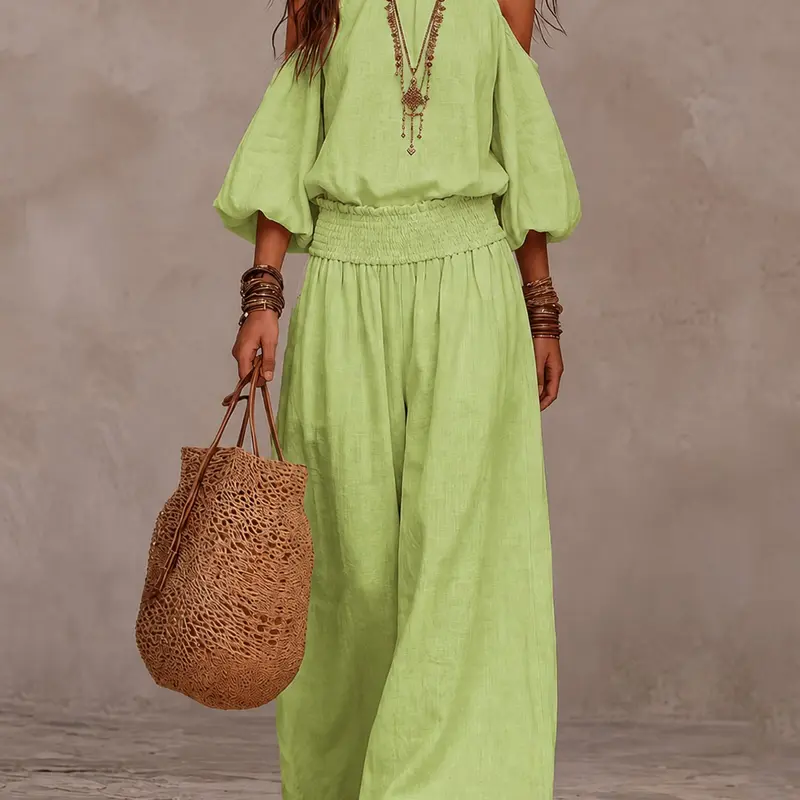 Women's 2-Piece Fashion Set, Boho Set, Solid Color Round Neck Loose Long Sleeve Top, Drawstring Pants, Casual Daily Wear, Comfortable Fit