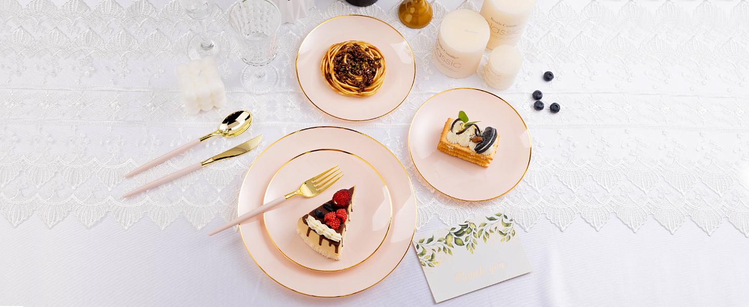 100PCS Pink & Gold Disposable Plates – 10.25" Dessert & Salad Plates with Gold Rim for Modern Dining