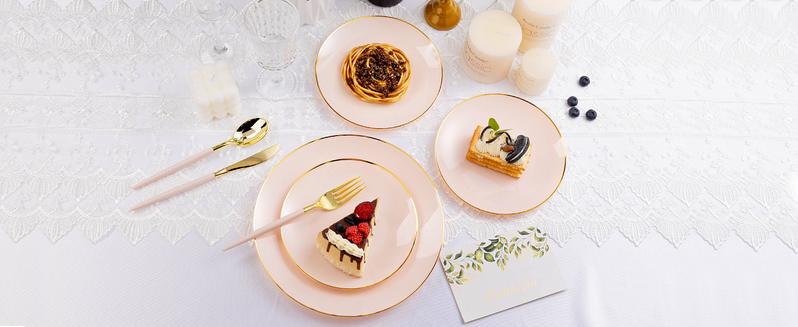 100PCS Pink & Gold Disposable Plates – 10.25" Dessert & Salad Plates with Gold Rim for Modern Dining