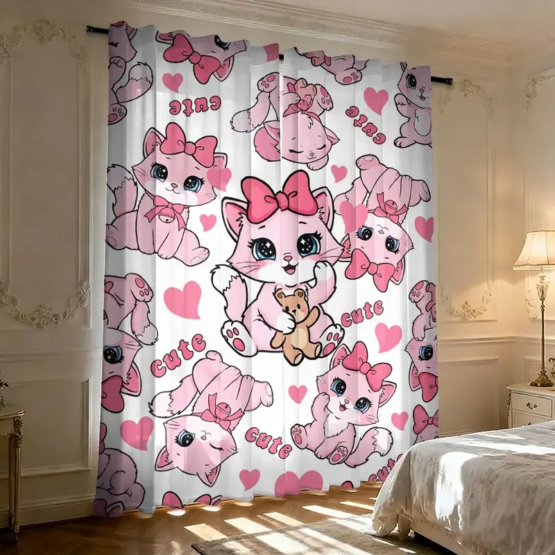 2-piece set of cute pink cartoon cat curtains, featuring a girly style for children's rooms, with semi-blackout polyester material, perfect for princess rooms and bedrooms
