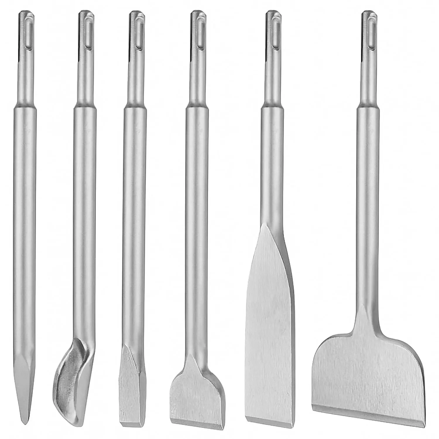 6-Piece SDS Plus Metal Chisel Set for Rotary Hammer Drills - Includes Point, Flat, Scaling, Groove, Scraping, Tile Chisels for Brick, Concrete, Masonry, Metal Chisels