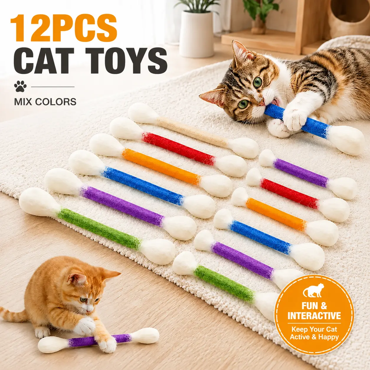12 Pack Soft Felt Cat Chew Sticks, Durable Interactive Kitten Teething Toys for Indoor Cats, Bite Resistant Pet Play Accessories for Daily Entertainment