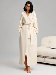 Women's Thick Double-Faced Velvet Sleepwear, Fall & Winter Warm Casual Long Vneck Bathrobe, Soft Skin-Friendly No Shedding, Outer Wear Plush Pajamas, Loungewear, Womenswear