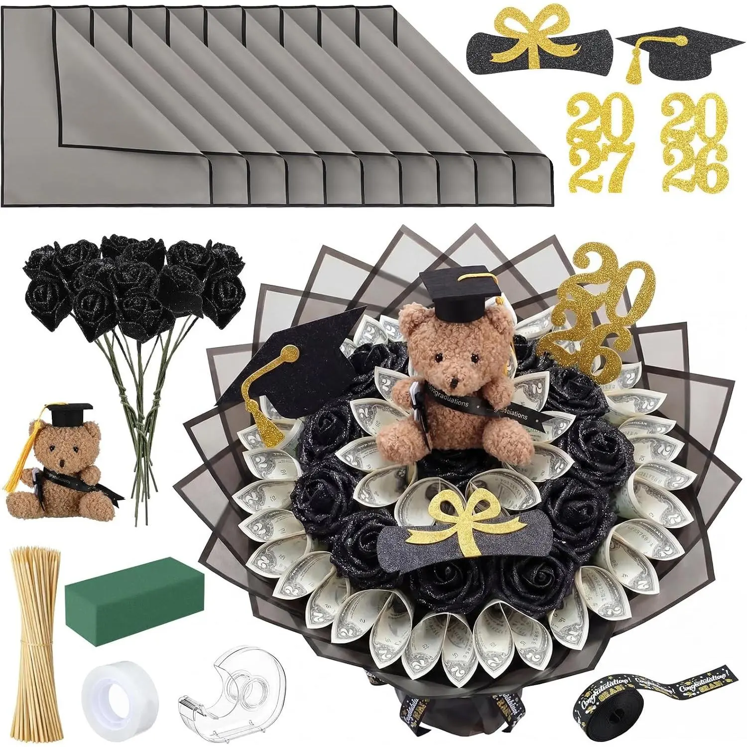 143 Pcs Graduation Money Bouquet Kit DIY Flower Bouquet Gifts with Cute Bear Wrapping Paper Graduation Cap Class of 2026 Grad DIY Craft Set for College Middle High School Graduate Party Gift