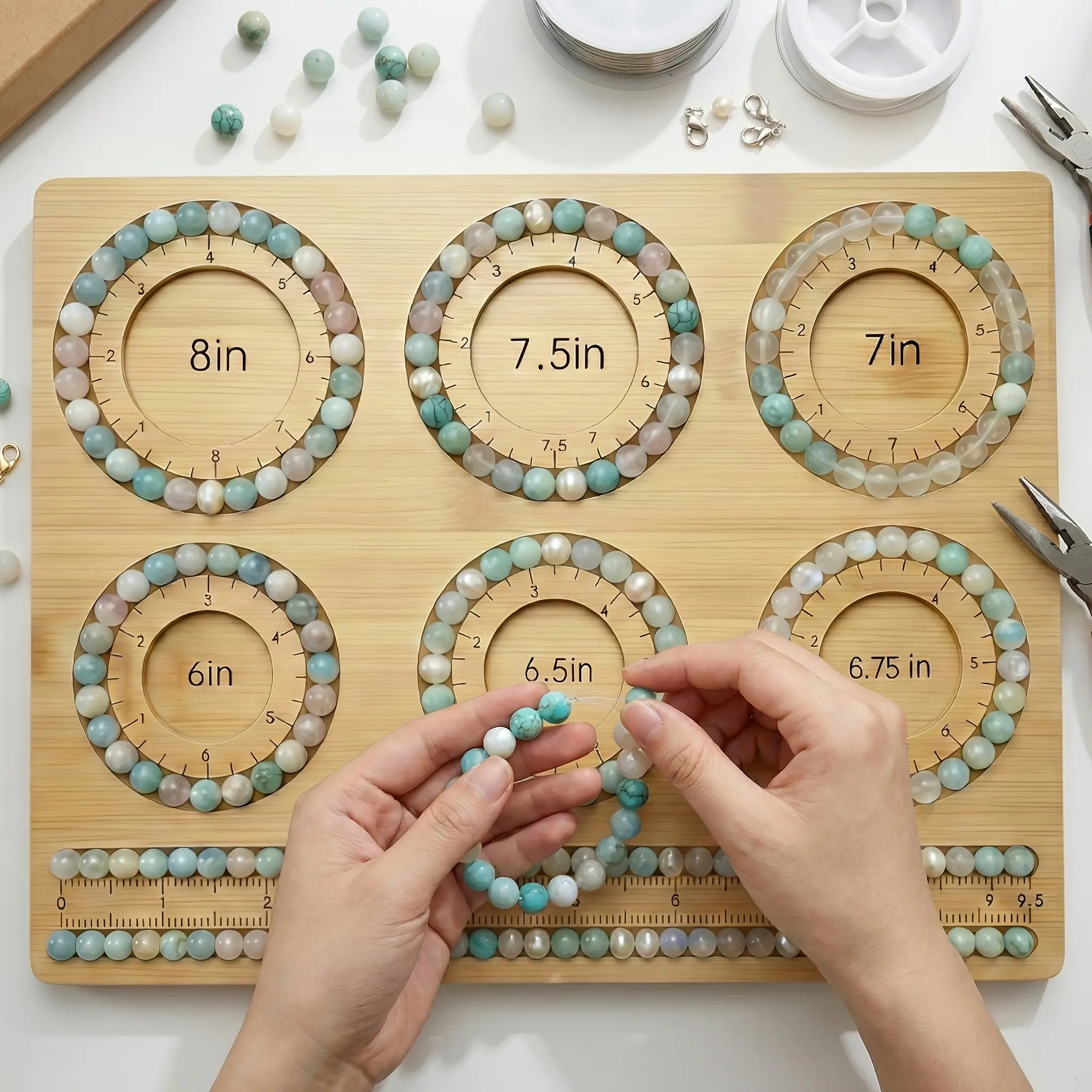 DIY Jewelry Making Bead Board, Bracelet Sizing & Layout Board with Inch Measurement Circles, Beading Design Tray Tool, Multi Size Bracelet Maker Board with 4 Bonus Non-Slip Pads