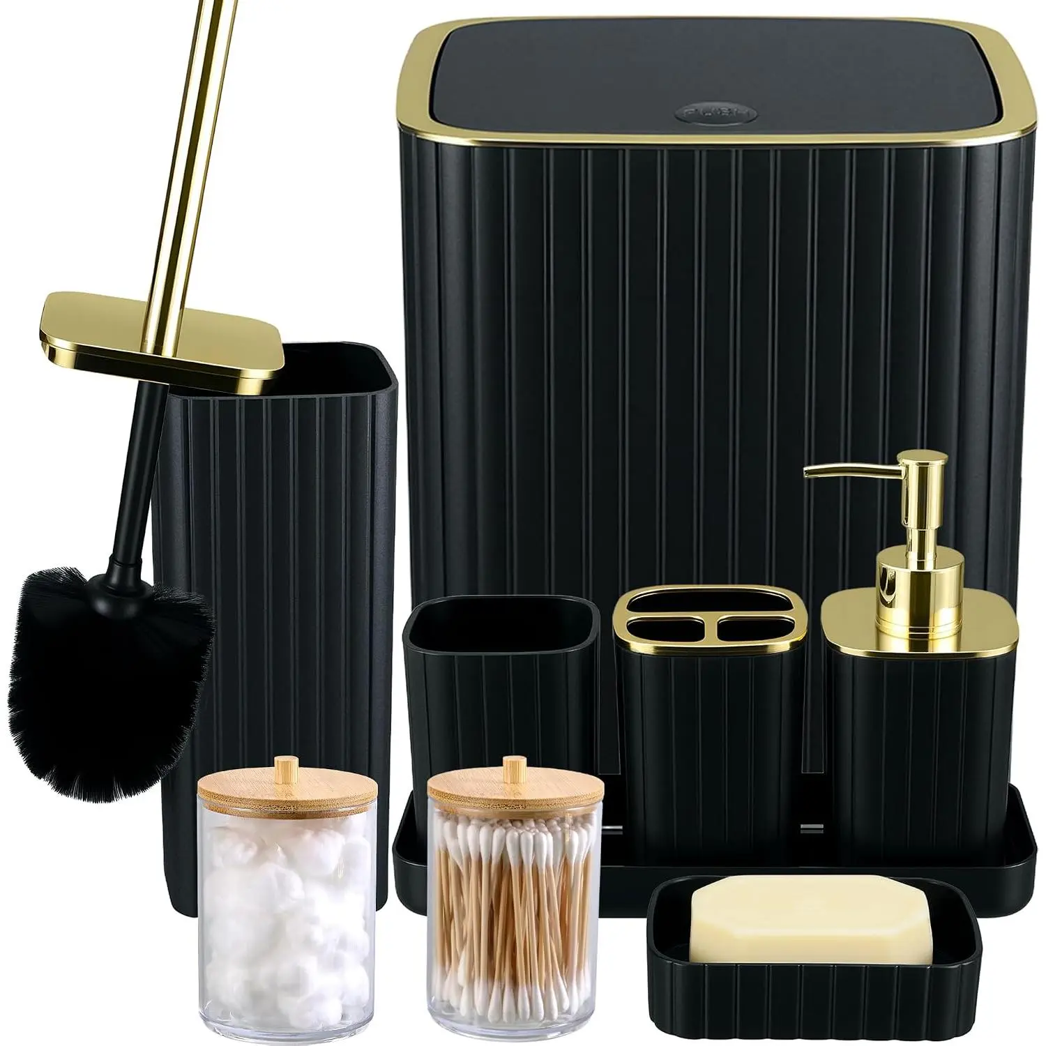 Bathroom Accessories Set-9PC Set with Toilet Brush, Trash Can, Soap Dispenser, Q-Tip Holder | Modern Home Bath Essentials (Black, Bath Set)
