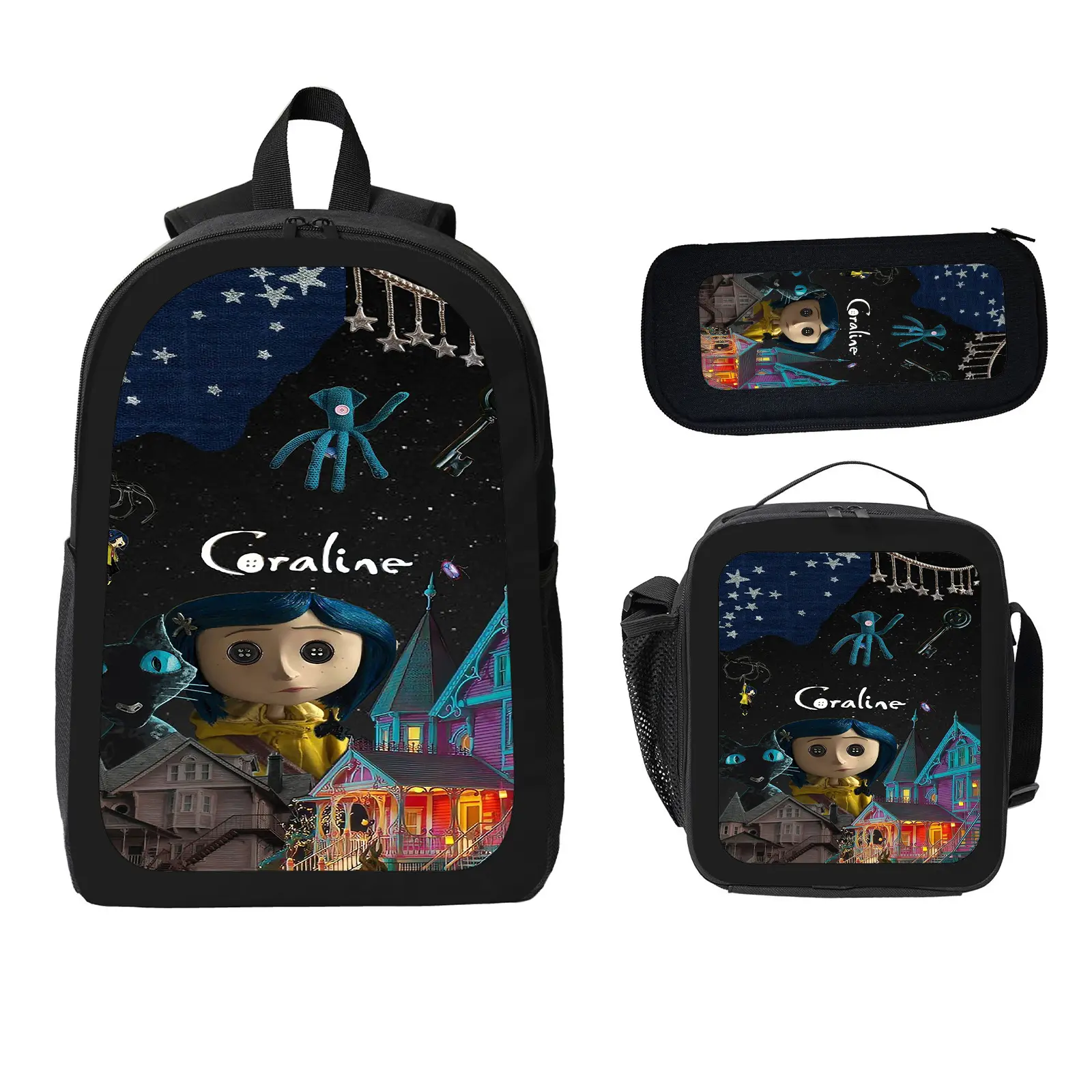 Coraline 3 Pcs School Backpack Set for Boys Girls Kids, Large Capacity Bookbag with Insulated Lunch Bag Pencil Case, Water Resistant Travel Daypack for Elementary Middle School d-29